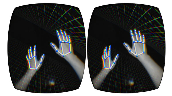 LeapMotion attaches to Oculus Rift and tracks your hand movements. 